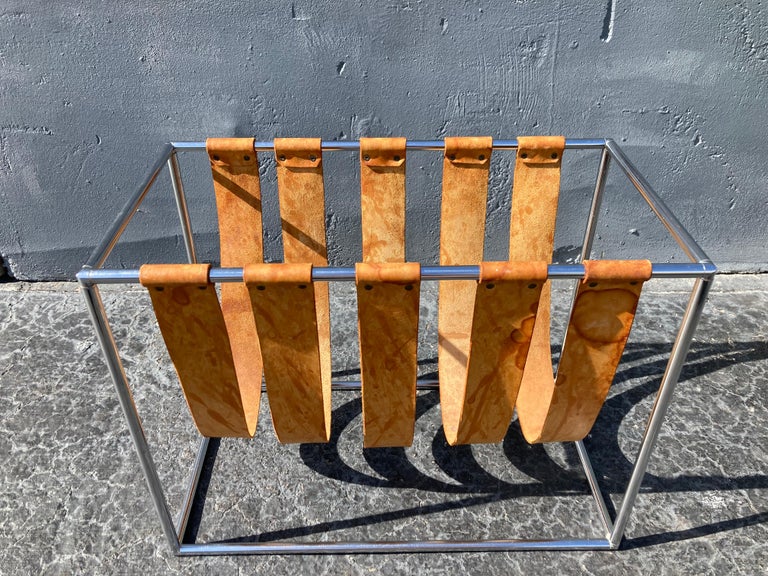 Beautiful Magazine Rack, Cognac Saddle Leather, Chrome For Sale at 1stDibs