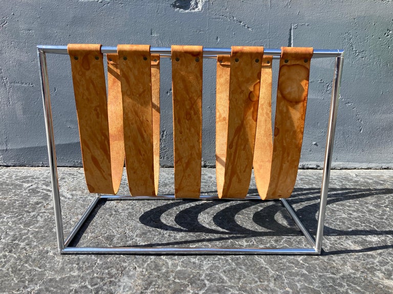 Beautiful Magazine Rack, Cognac Saddle Leather, Chrome For Sale at 1stDibs