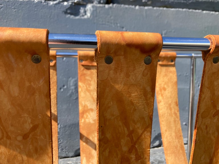 Beautiful Magazine Rack, Cognac Saddle Leather, Chrome For Sale at 1stDibs