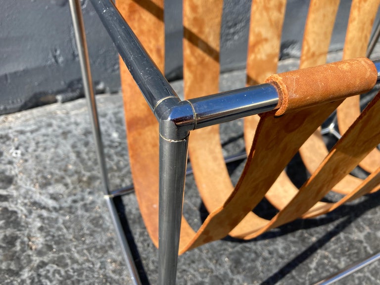 Beautiful Magazine Rack, Cognac Saddle Leather, Chrome For Sale at 1stDibs