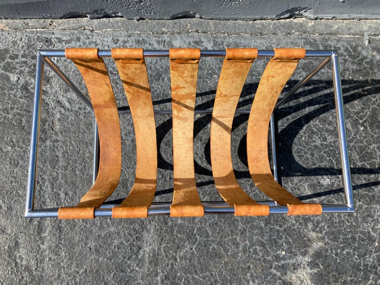 Beautiful Magazine Rack, Cognac Saddle Leather, Chrome For Sale at 1stDibs