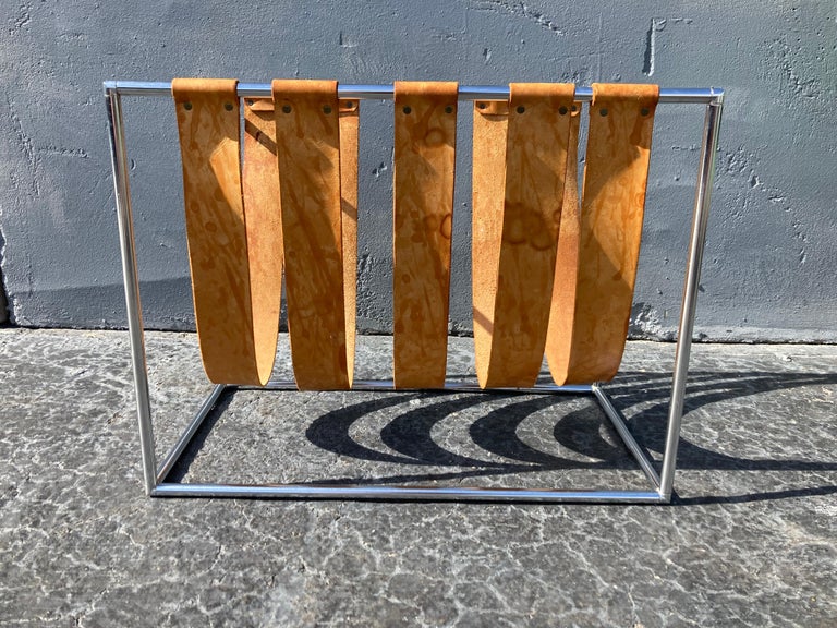 Beautiful Magazine Rack, Cognac Saddle Leather, Chrome For Sale at 1stDibs