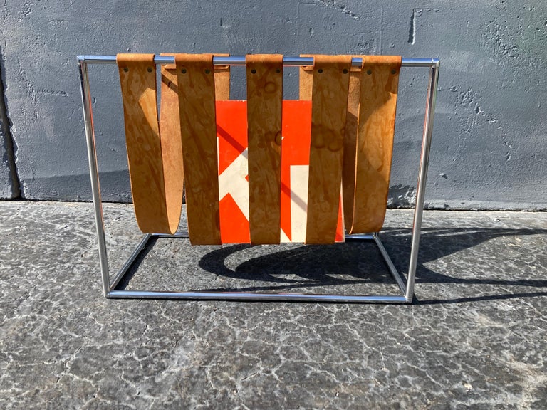 Beautiful Magazine Rack, Cognac Saddle Leather, Chrome For Sale at 1stDibs