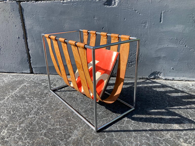 Beautiful Magazine Rack, Cognac Saddle Leather, Chrome For Sale at 1stDibs