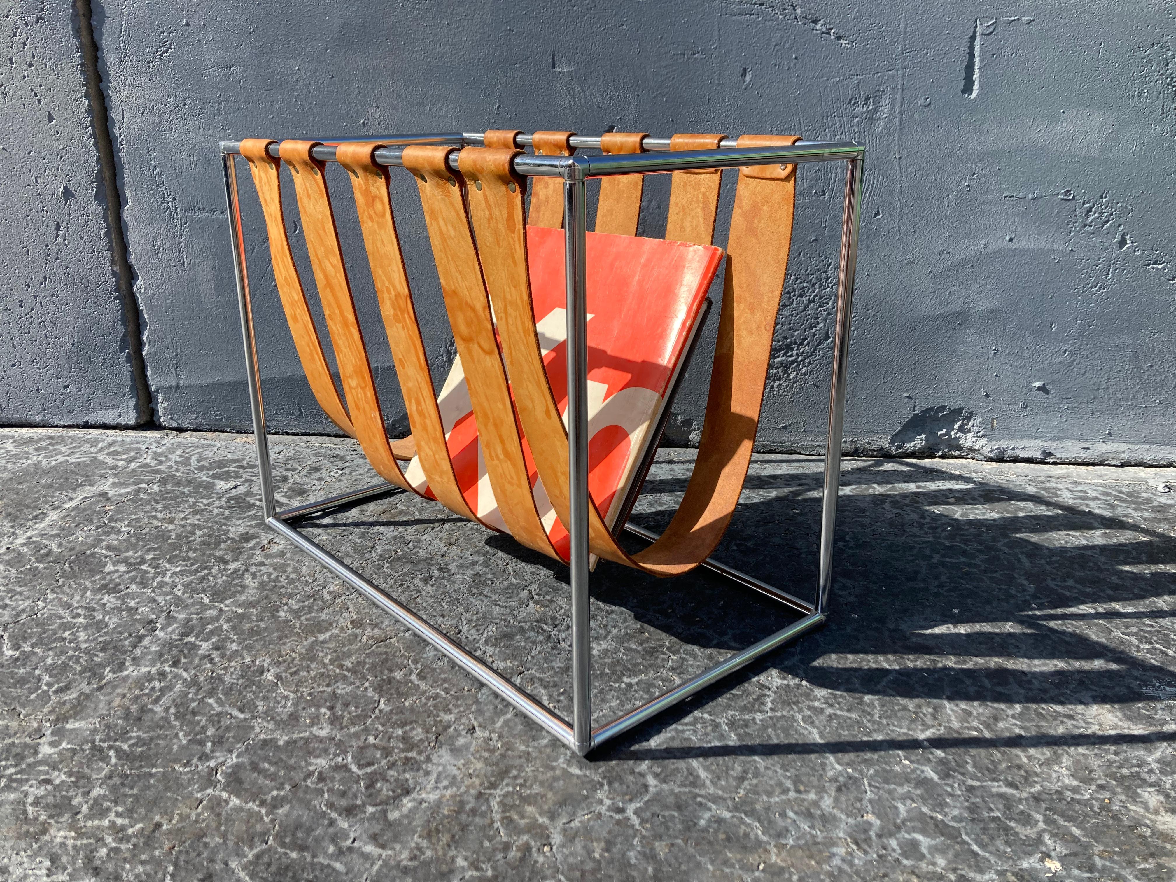 Beautiful Magazine Rack, Cognac Saddle Leather, Chrome In Good Condition For Sale In Miami, FL