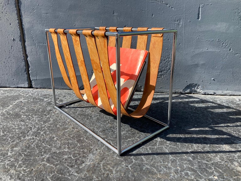 Beautiful Magazine Rack, Cognac Saddle Leather, Chrome For Sale at 1stDibs