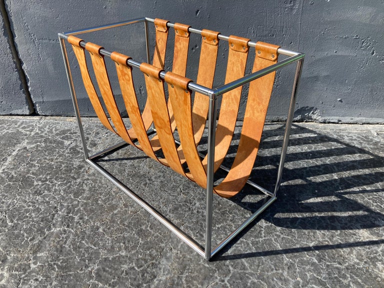 Beautiful Magazine Rack, Cognac Saddle Leather, Chrome For Sale at 1stDibs