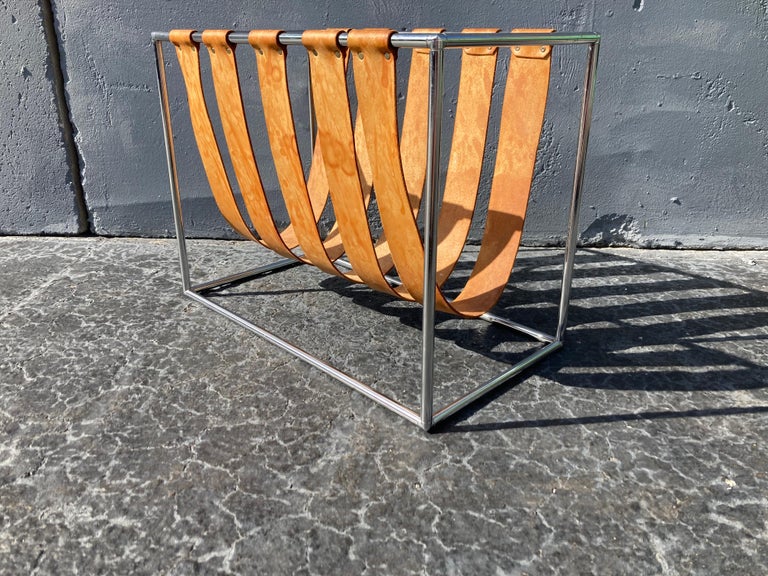 Beautiful Magazine Rack, Cognac Saddle Leather, Chrome For Sale at 1stDibs