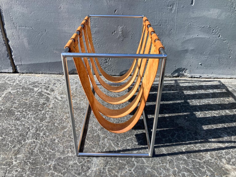 Beautiful Magazine Rack, Cognac Saddle Leather, Chrome For Sale at 1stDibs