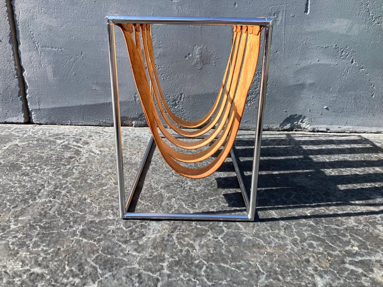 Beautiful Magazine Rack, Cognac Saddle Leather, Chrome For Sale at 1stDibs