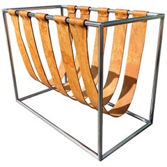 Beautiful Magazine Rack, Cognac Saddle Leather, Chrome