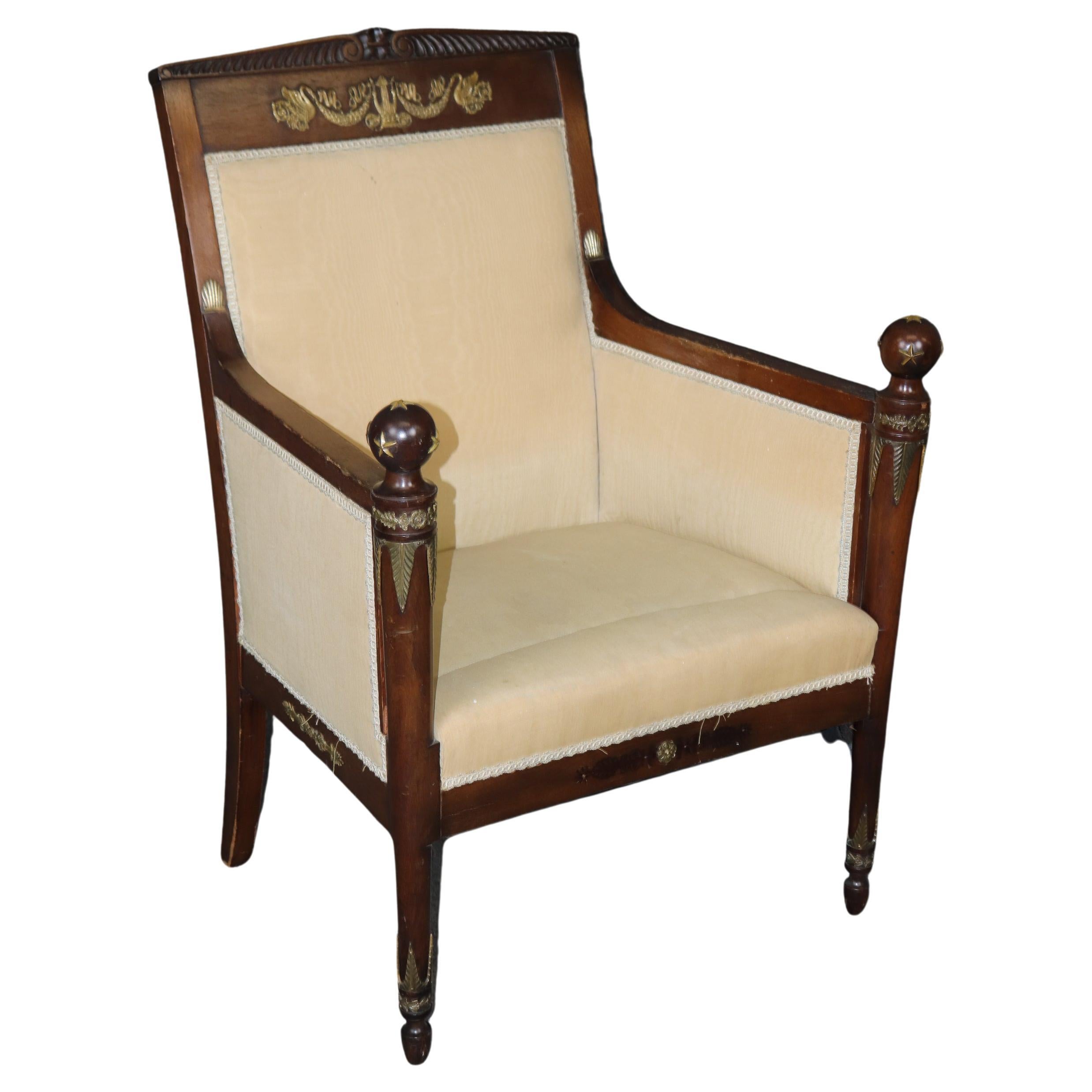 Beautiful Mahogany French Empire Bronze Mounted Bergere Chair