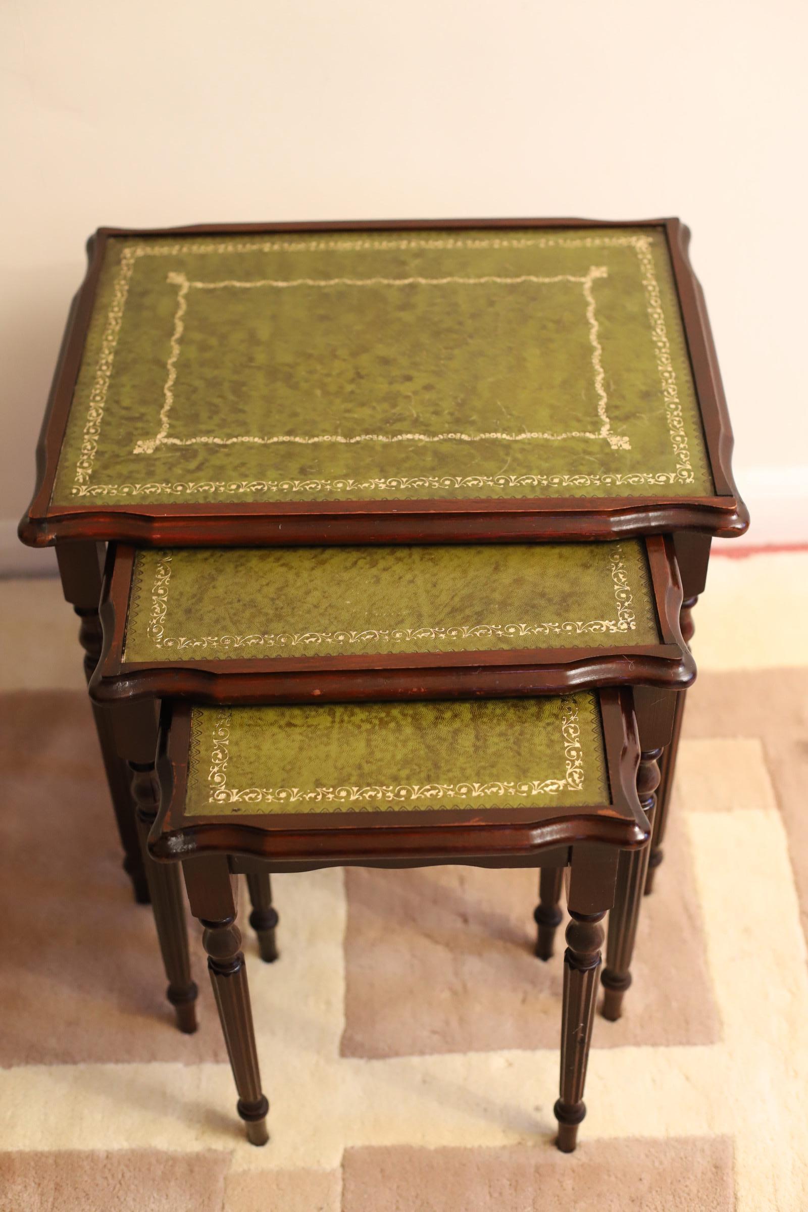 Beautiful  Nest of Tables with Green Leather Top 5
