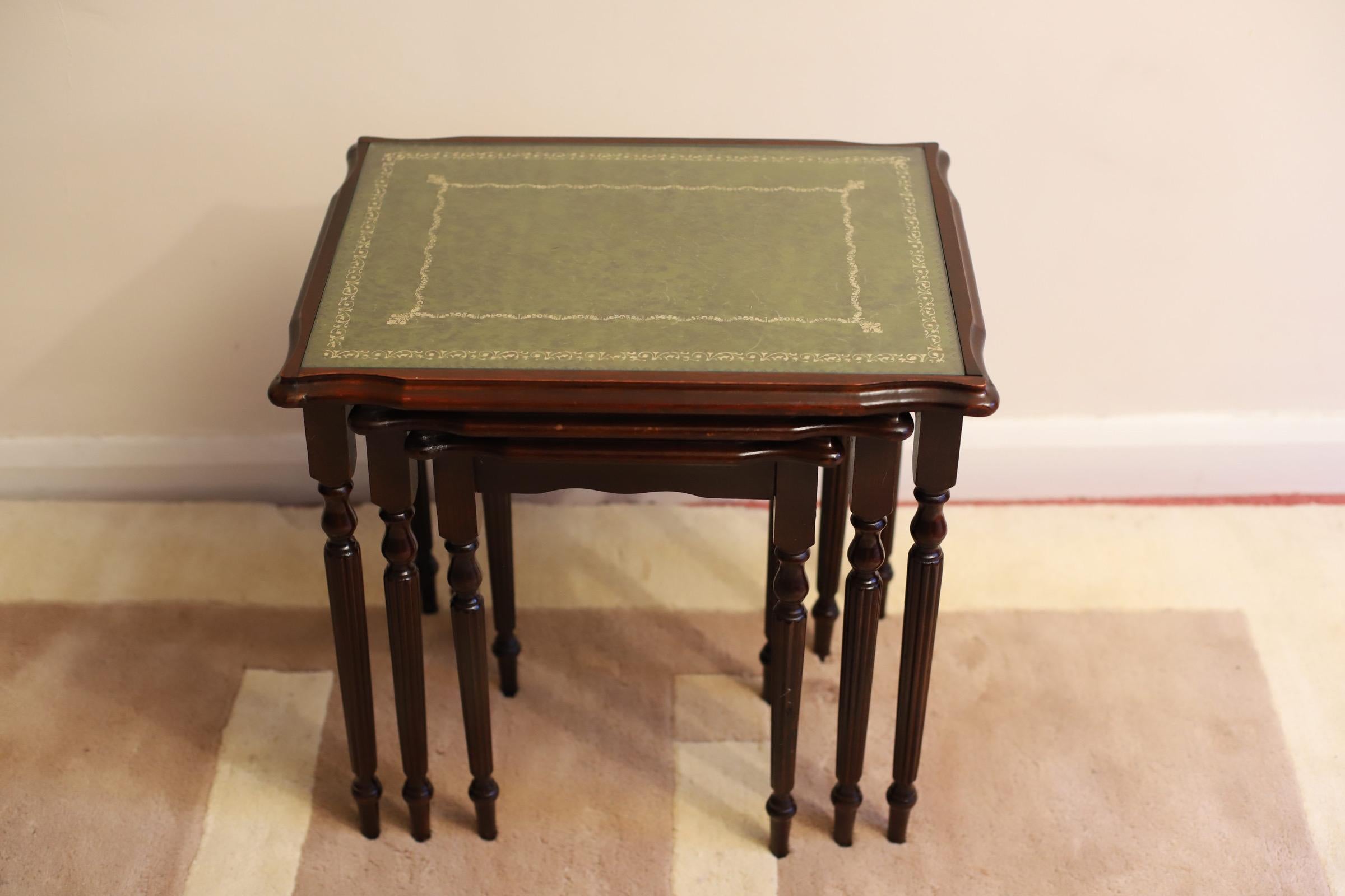 Edwardian Beautiful  Nest of Tables with Green Leather Top