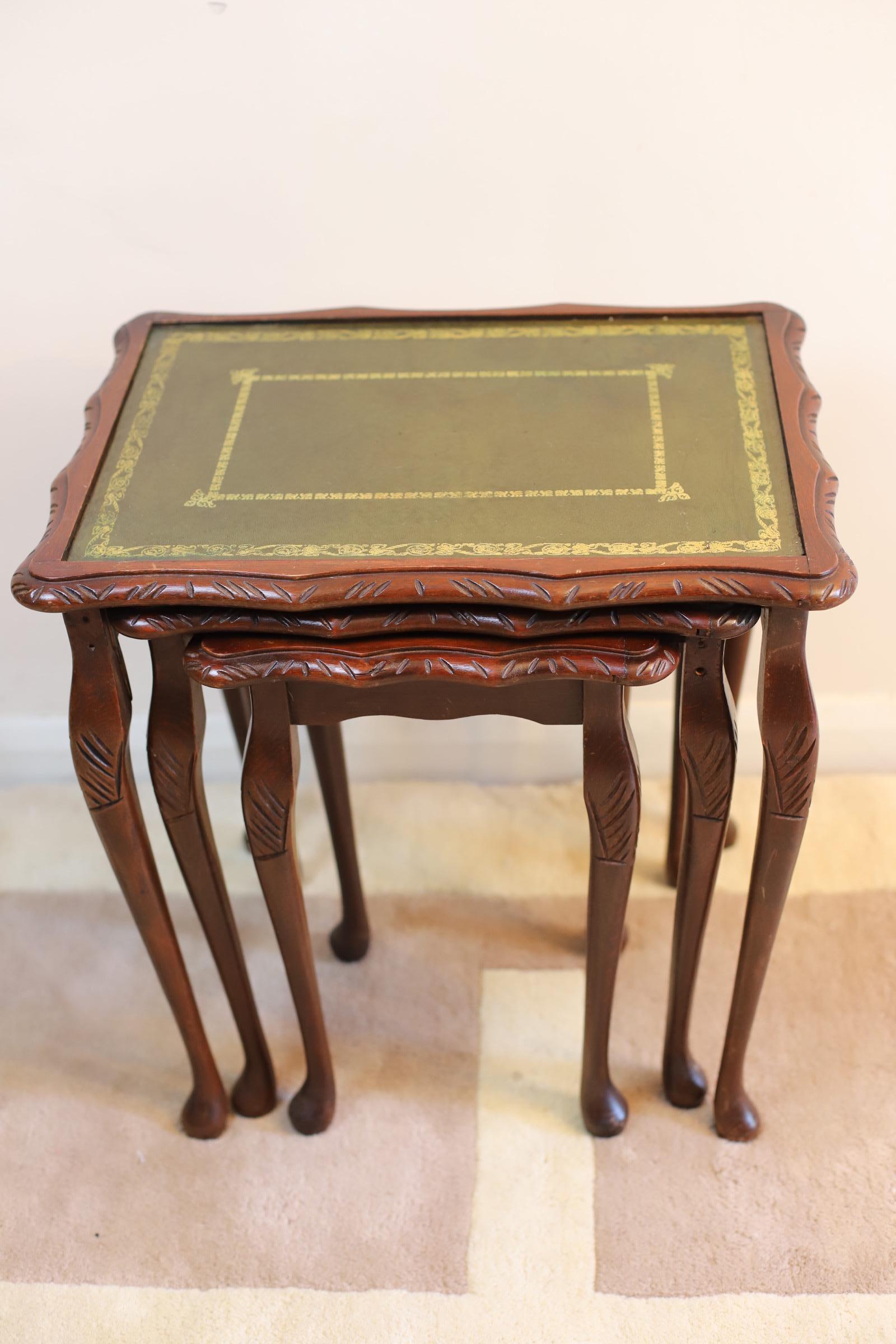 Edwardian Beautiful Nest of Tables with Green Leather Top For Sale