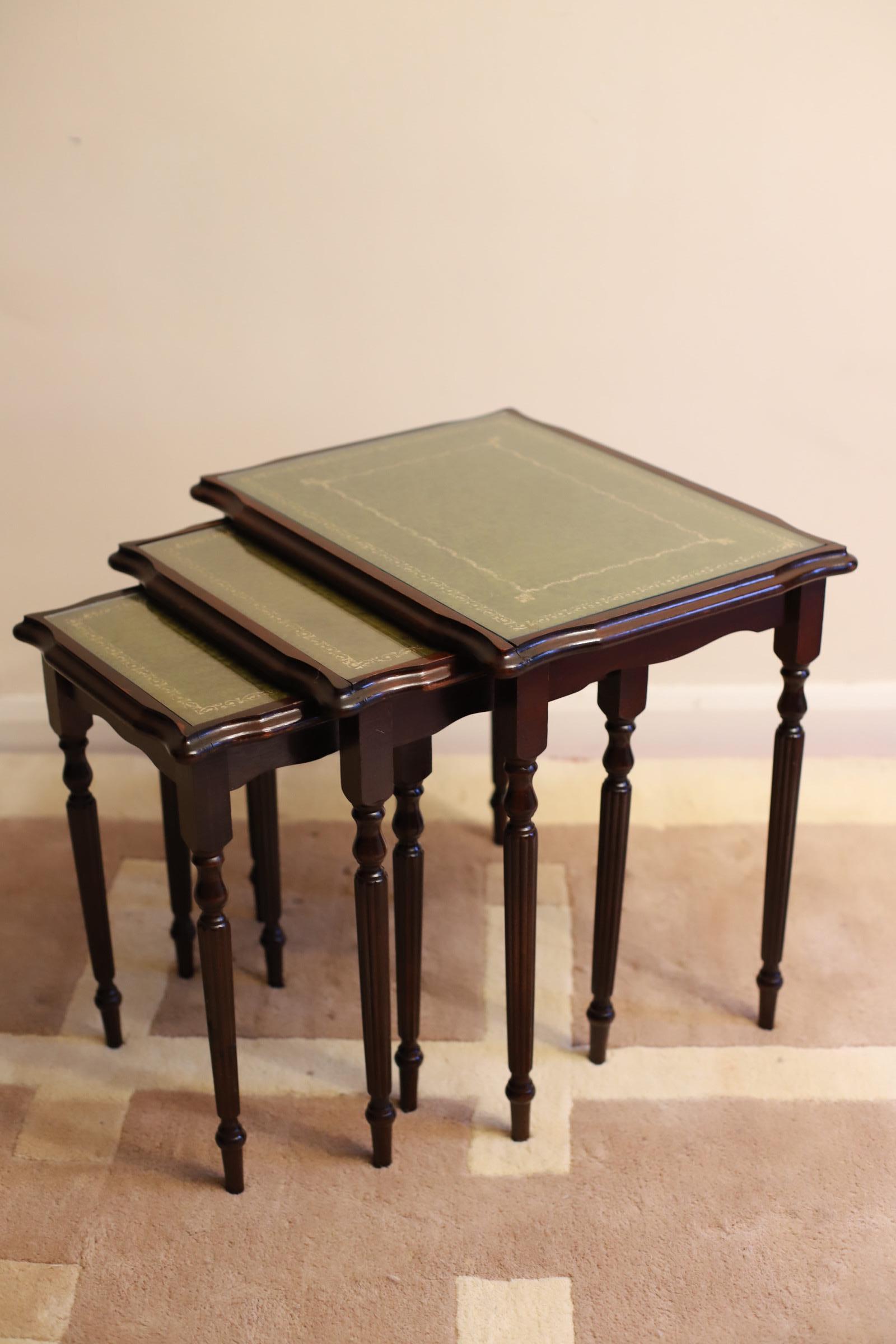 British Beautiful  Nest of Tables with Green Leather Top