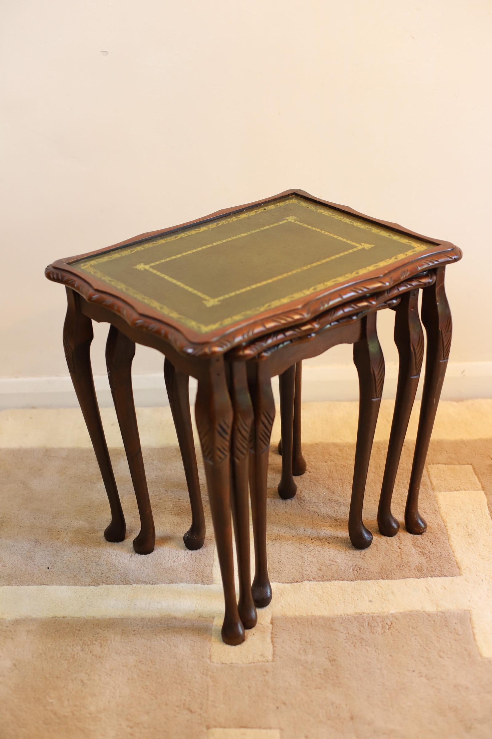 British Beautiful Nest of Tables with Green Leather Top For Sale