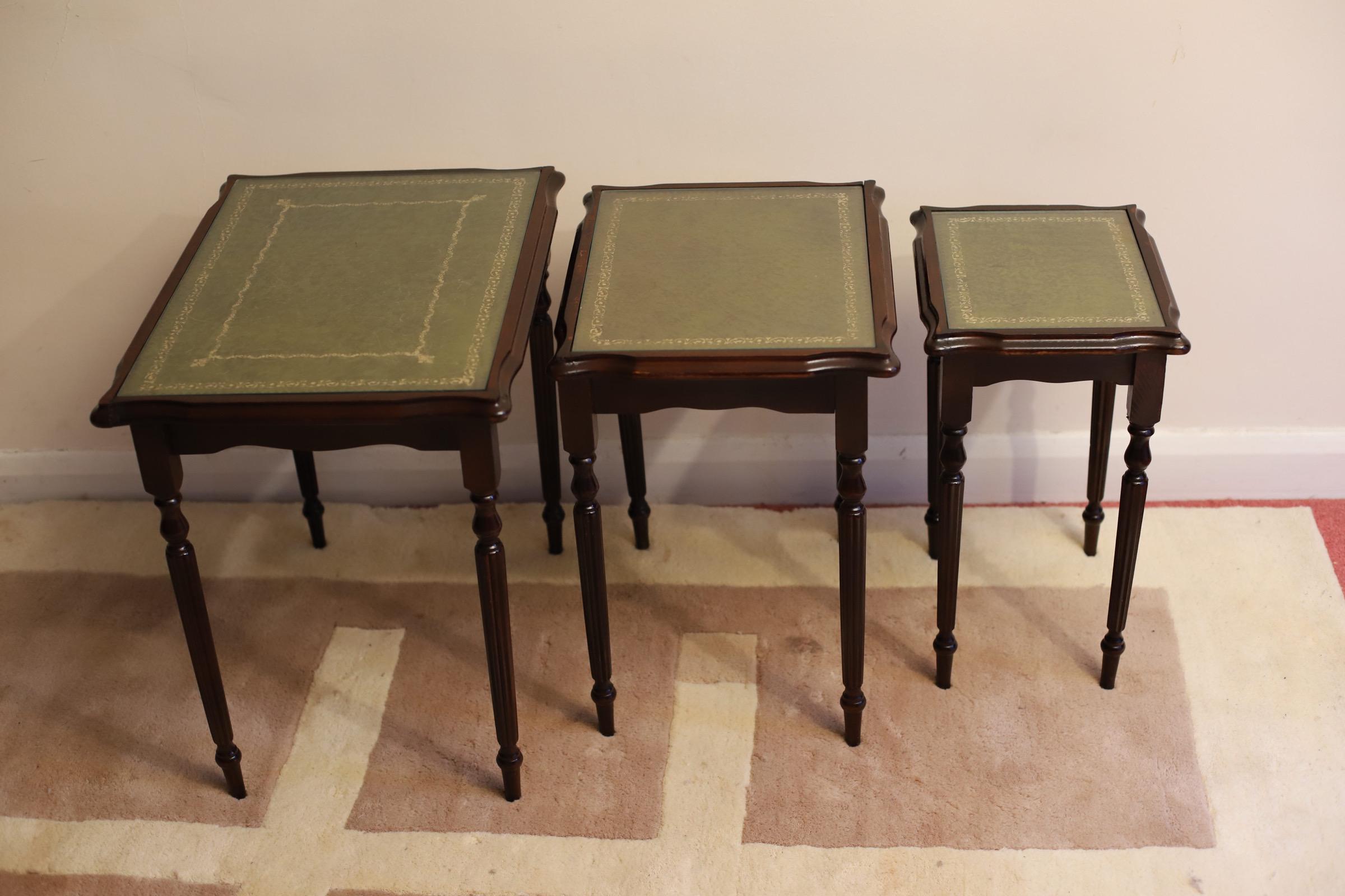 Beautiful  Nest of Tables with Green Leather Top 3
