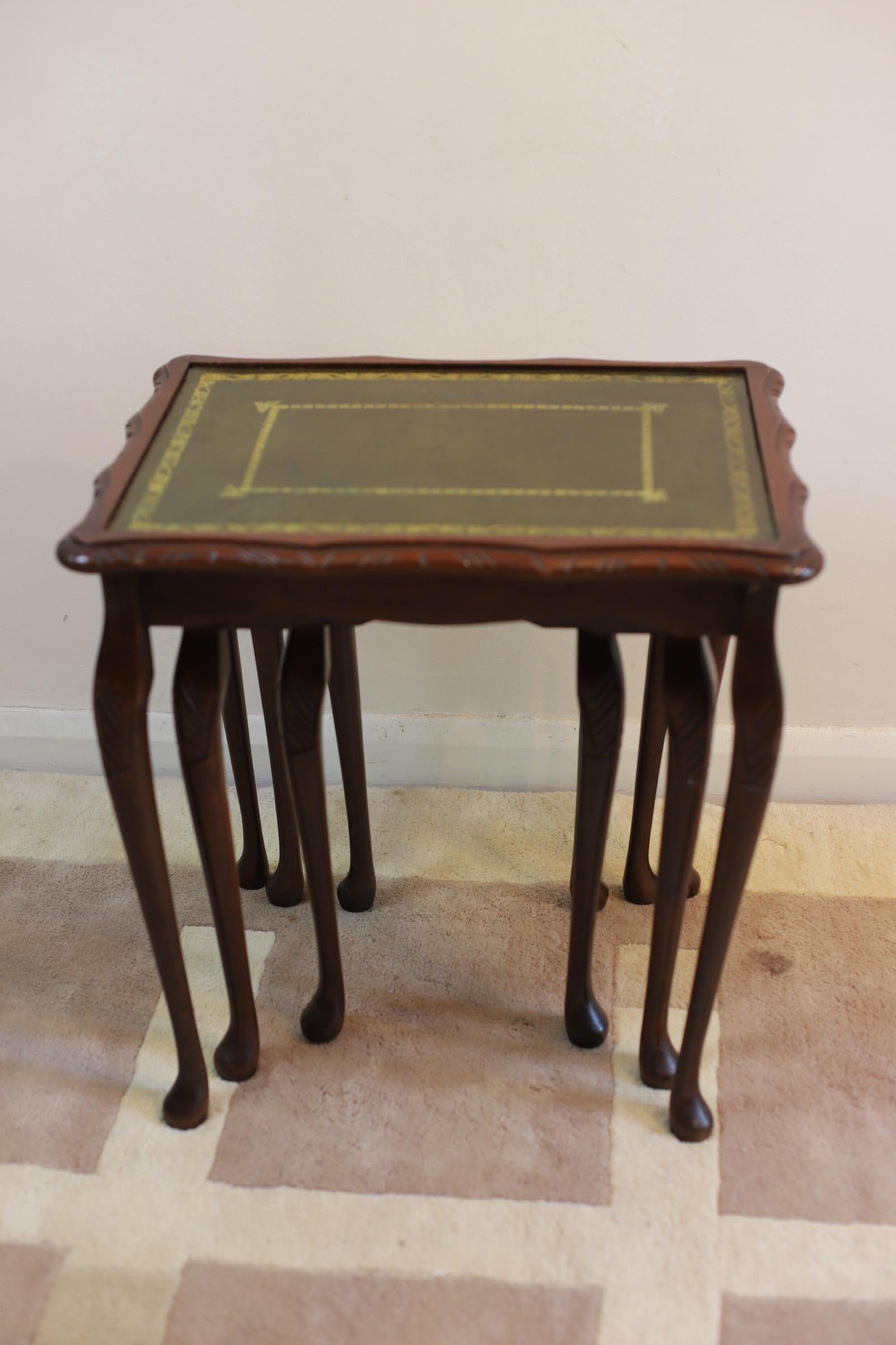 Beautiful Nest of Tables with Green Leather Top For Sale 3