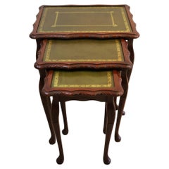 Beautiful Mahogany Nest of Tables with Green Leather Top