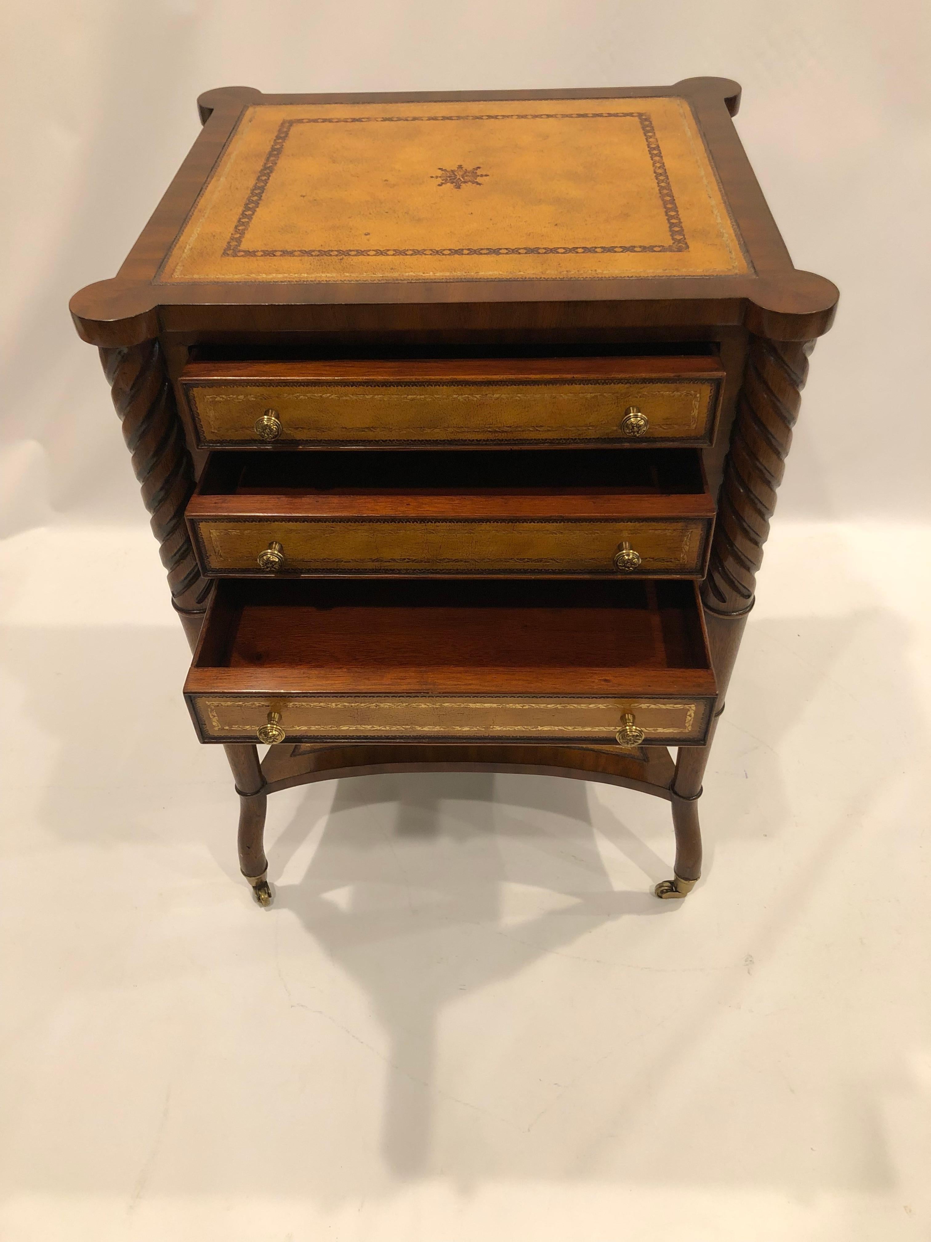 Beautiful Maitland Smith 3 Drawer Leather & Mahogany Side Table or Chest 5