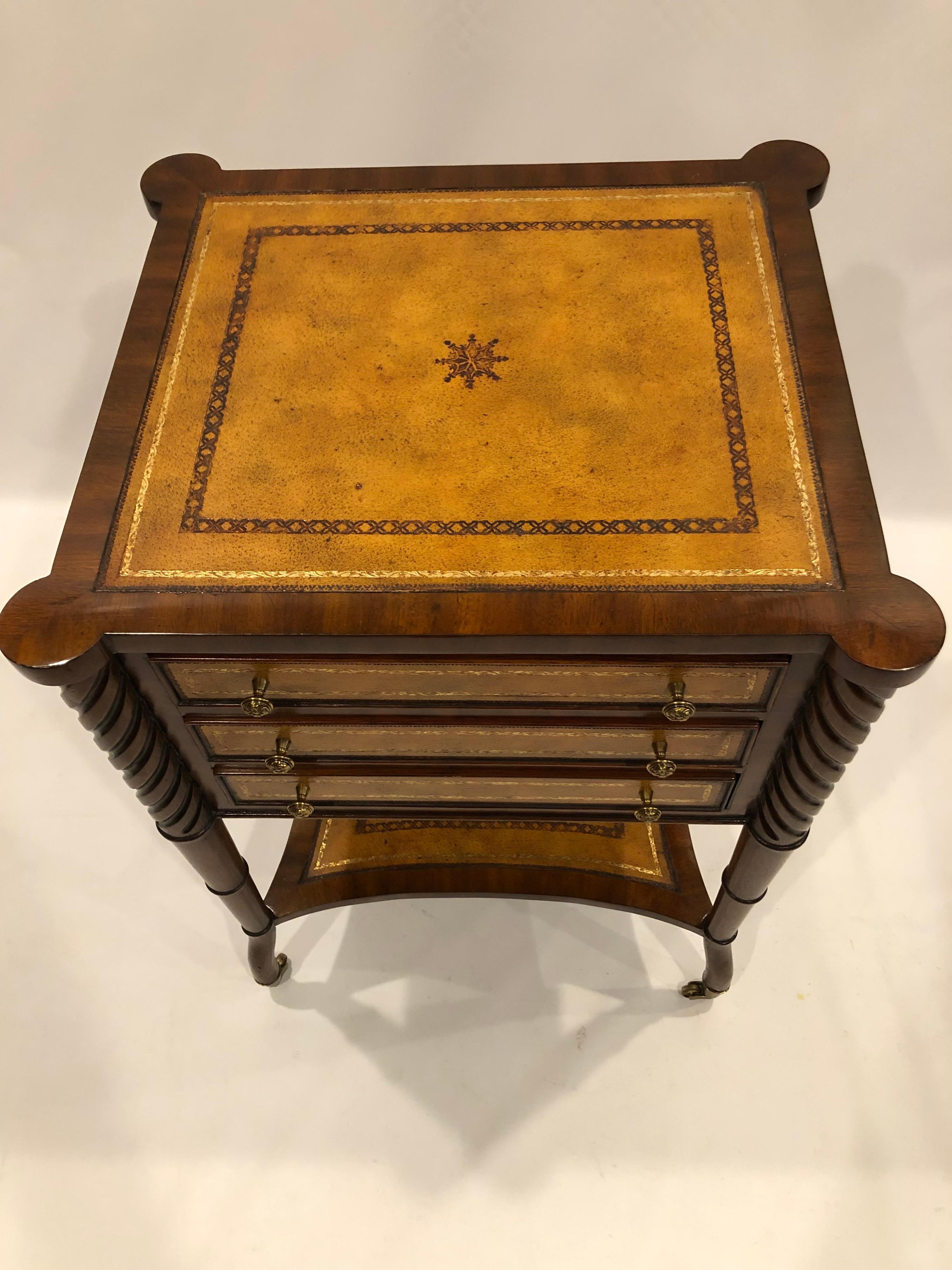 Contemporary Beautiful Maitland Smith 3 Drawer Leather & Mahogany Side Table or Chest