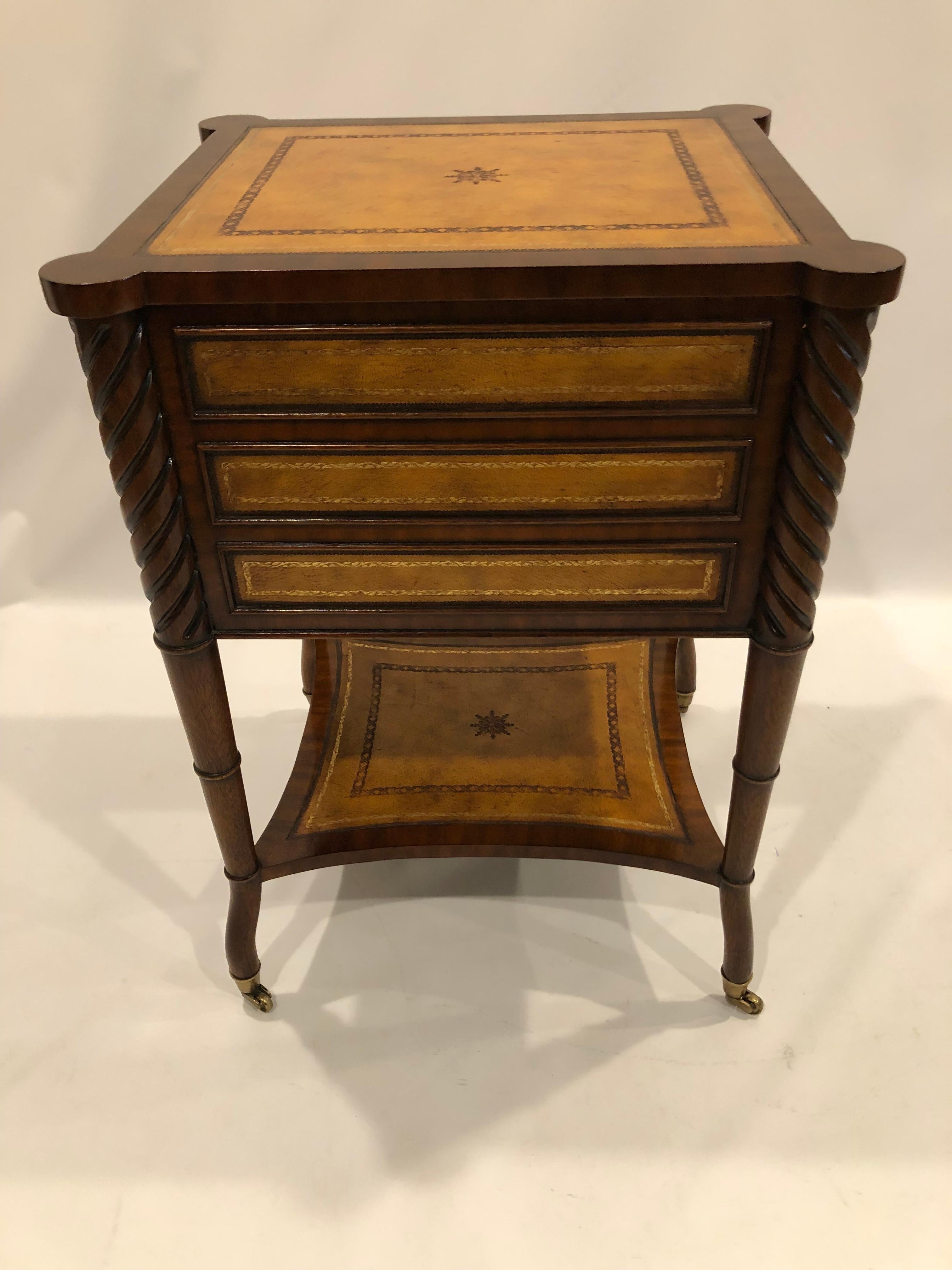 Beautiful Maitland Smith 3 Drawer Leather & Mahogany Side Table or Chest 3