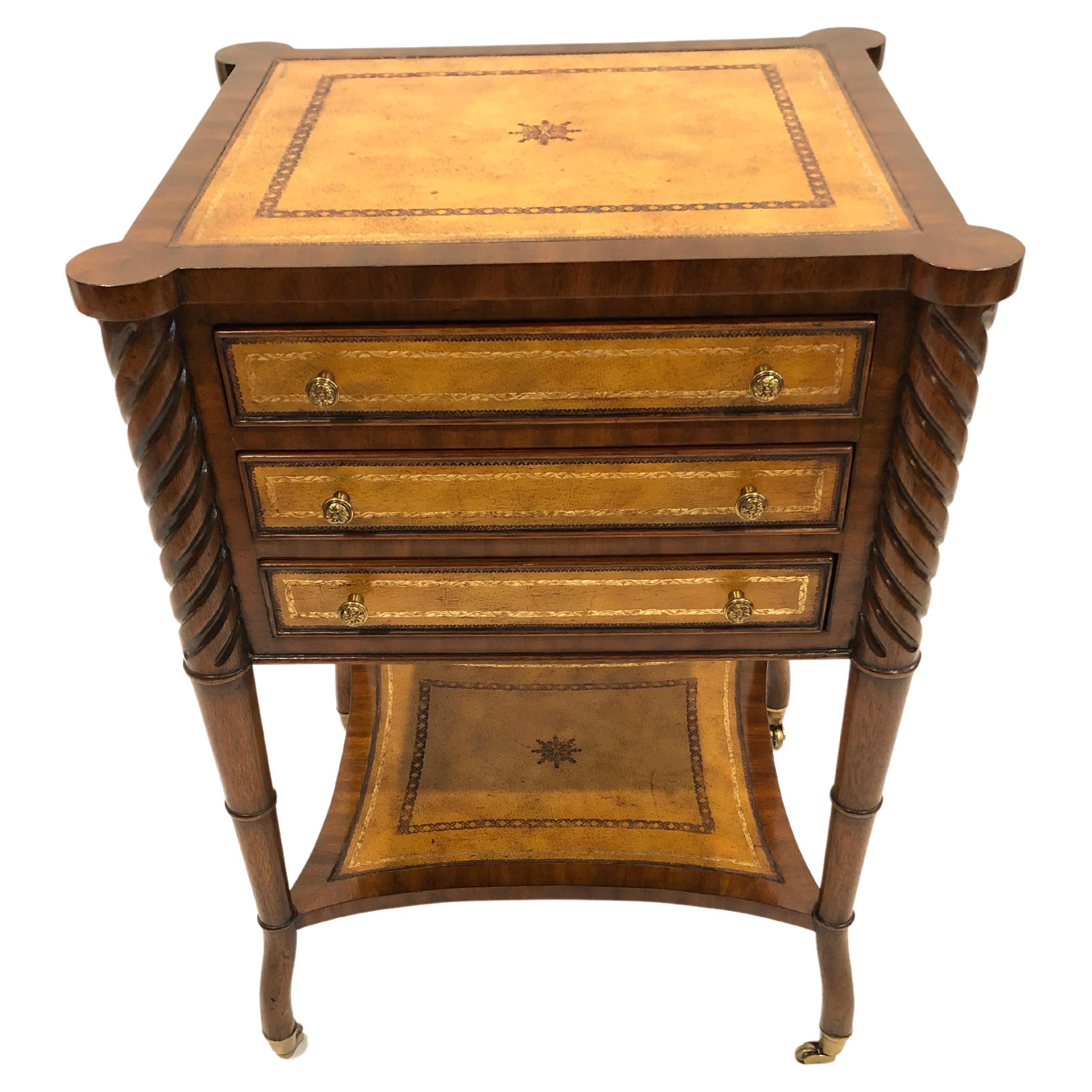 Beautiful Maitland Smith 3 Drawer Leather & Mahogany Side Table or Chest