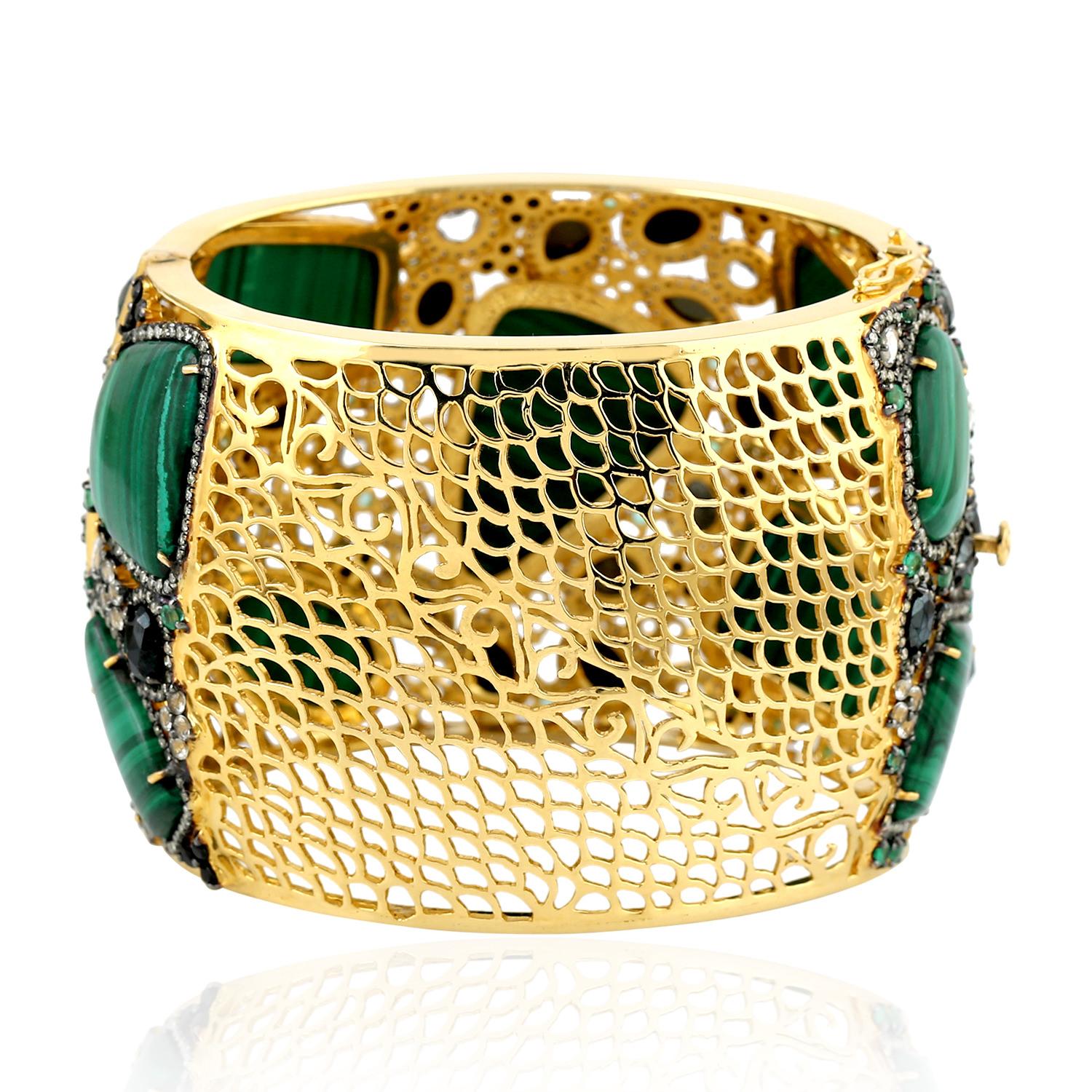 Artisan Beautiful Malachite Diamond Cuff in Silver and Gold For Sale