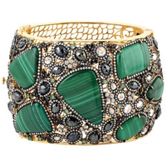 Magnifique manchette en argent et or avec diamants et malachite