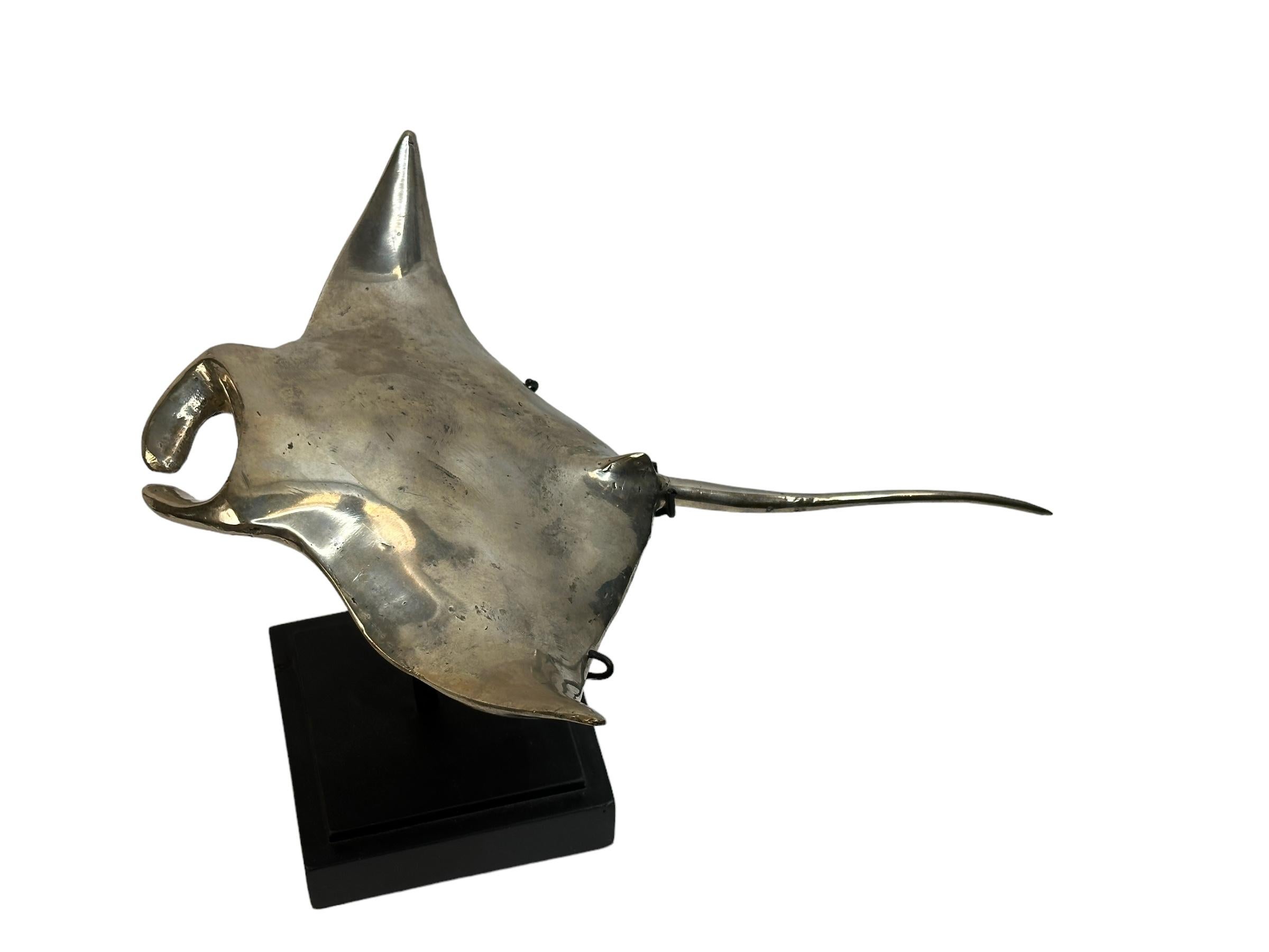 Hand-Crafted Beautiful Manta Sting Ray Sculpture Nickeled Metal, on Base, Vintage 1980s For Sale