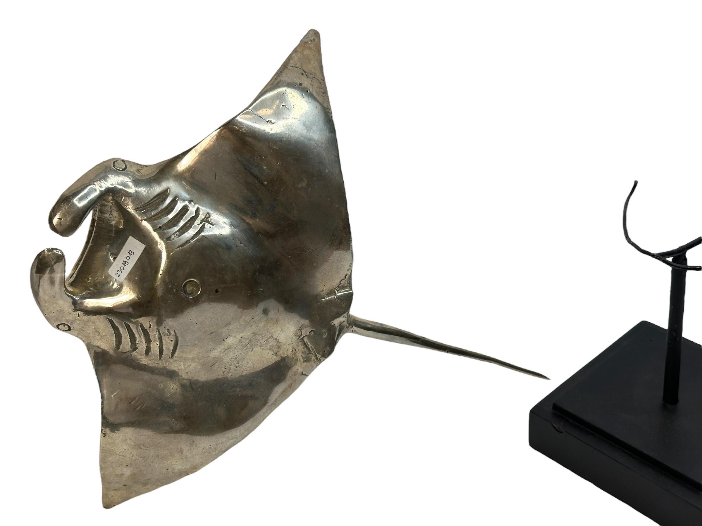 Late 20th Century Beautiful Manta Sting Ray Sculpture Nickeled Metal, on Base, Vintage 1980s For Sale