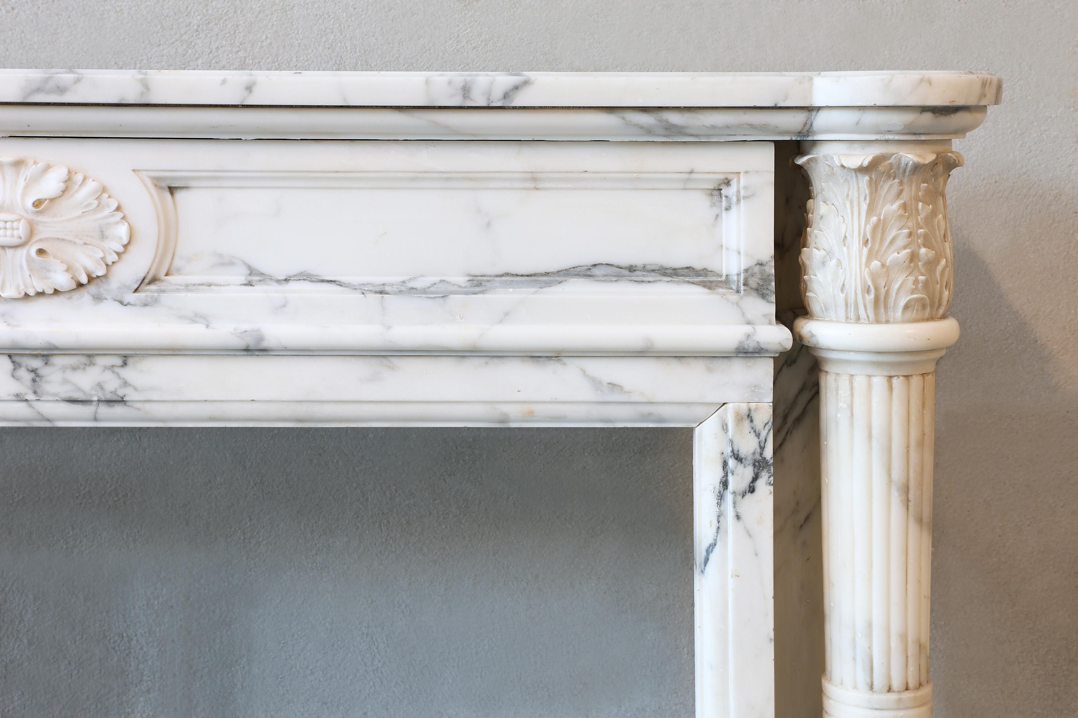 French Antique Marble Fireplace  Arabescato Marble  19th Century  Style Louis XVI For Sale