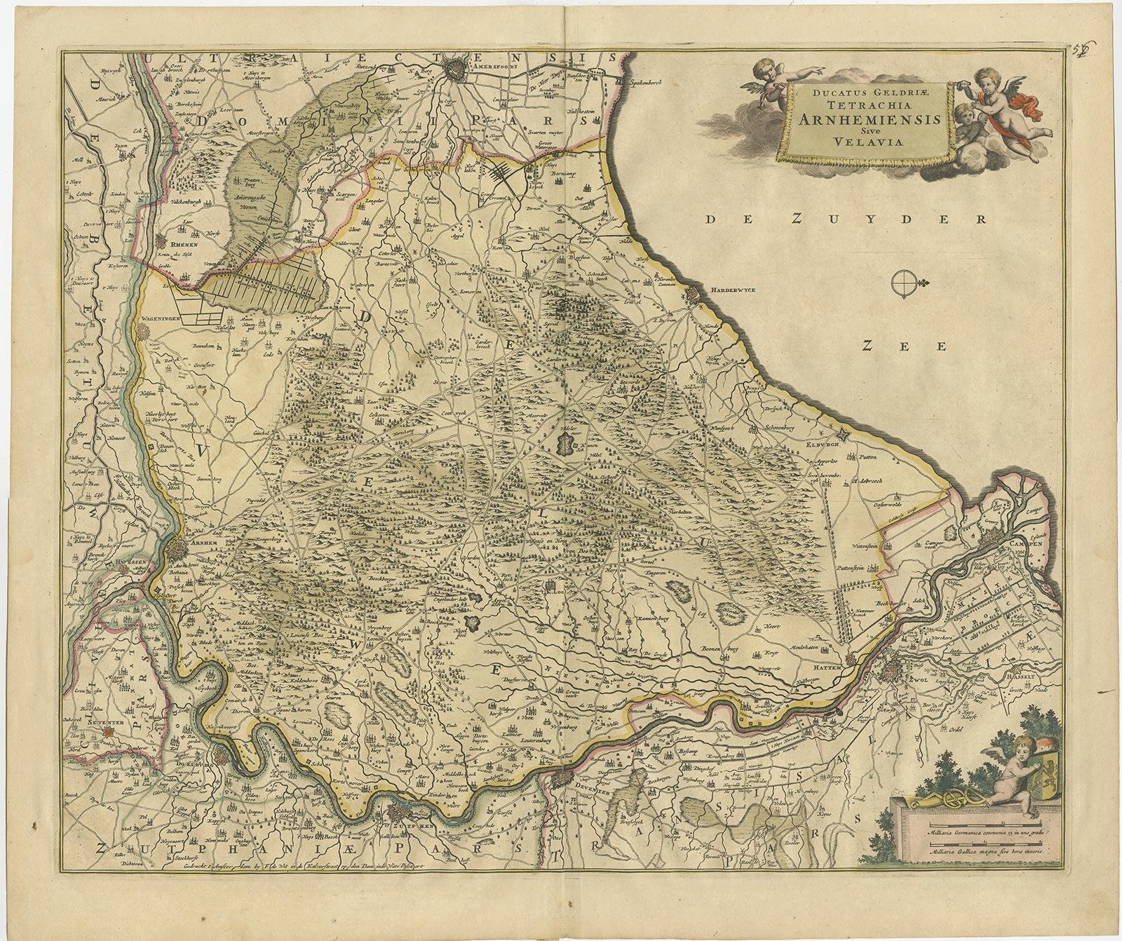 Antique map titled 'Ducatus Geldriae tetrachia Arnhemiensis sive Velavia'. 

Beautiful map of the region of Arnhem and the Veluwe region, Gelderland, the Netherlands.

Artists and Engravers: Published by F. de Wit. Frederick de Wit (1629-1706)