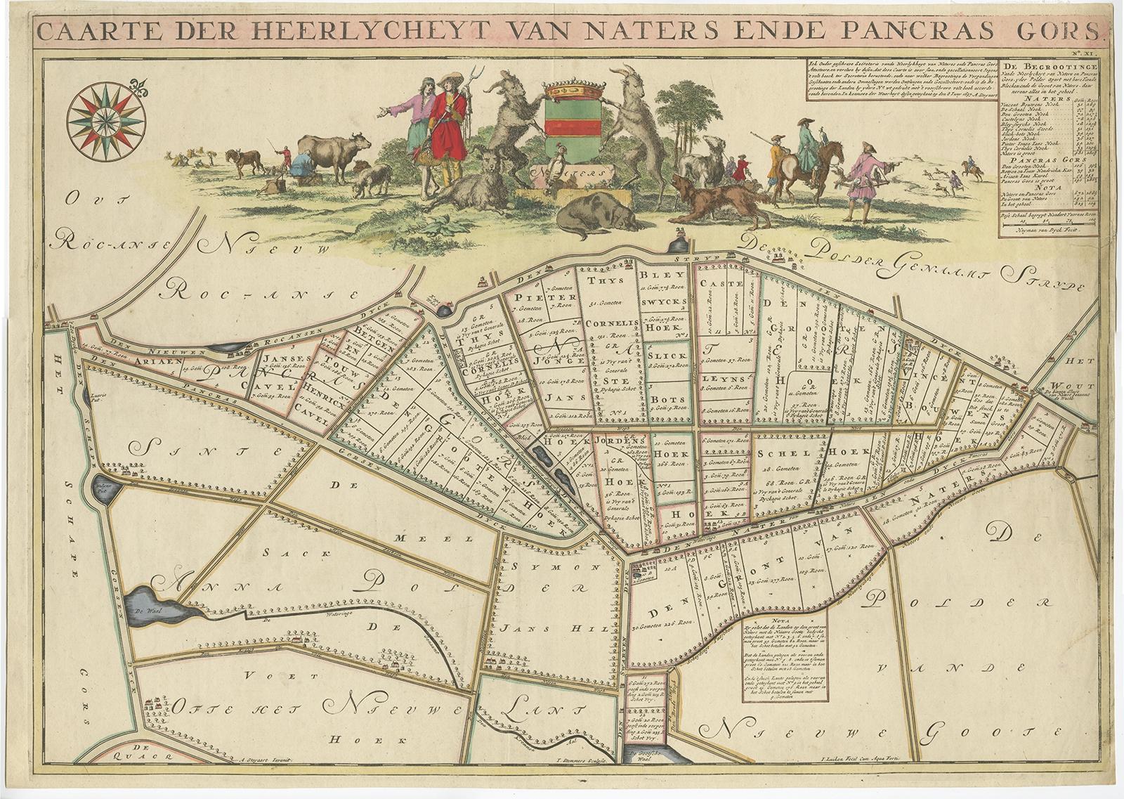 Antique map titled ‘Caarte der Heerlyckheyt van Naters ende Pancras Gors’. 

Beautiful map of the region Naters and Pancrasgors, The Netherlands. This map originates from ‘Caert-boeck Voorne’.

Artists and Engravers: A. Steyvaart, I. Stemmers and I.