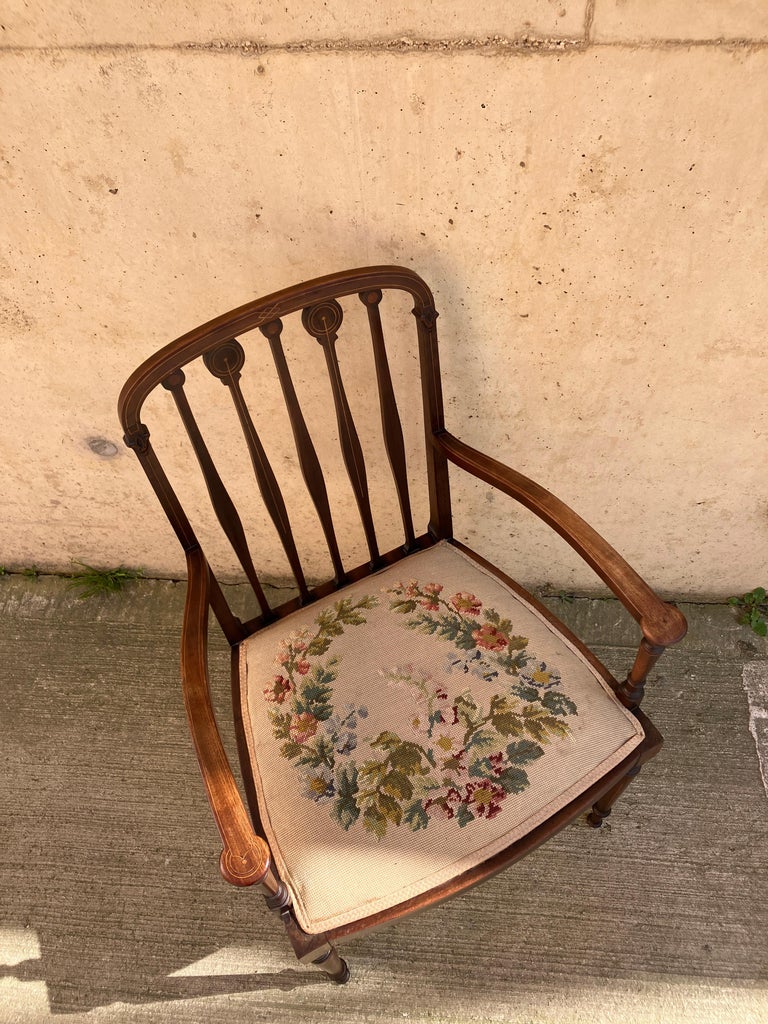 Beautiful Marquetry Mahogany Armchair with Embroidered Seat and Silk ...