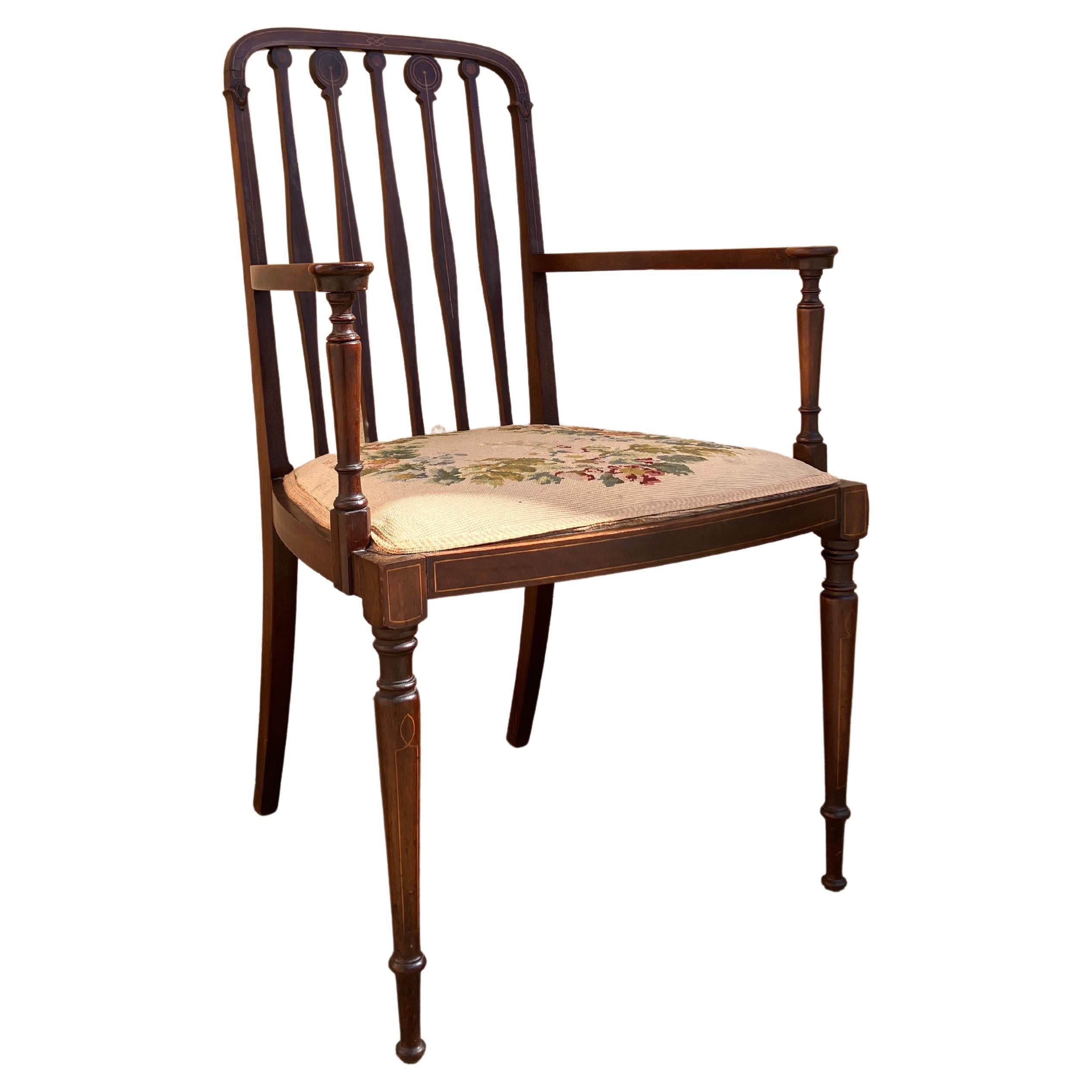 Beautiful Marquetry Mahogany Armchair with Embroidered Seat and Silk Underside For Sale