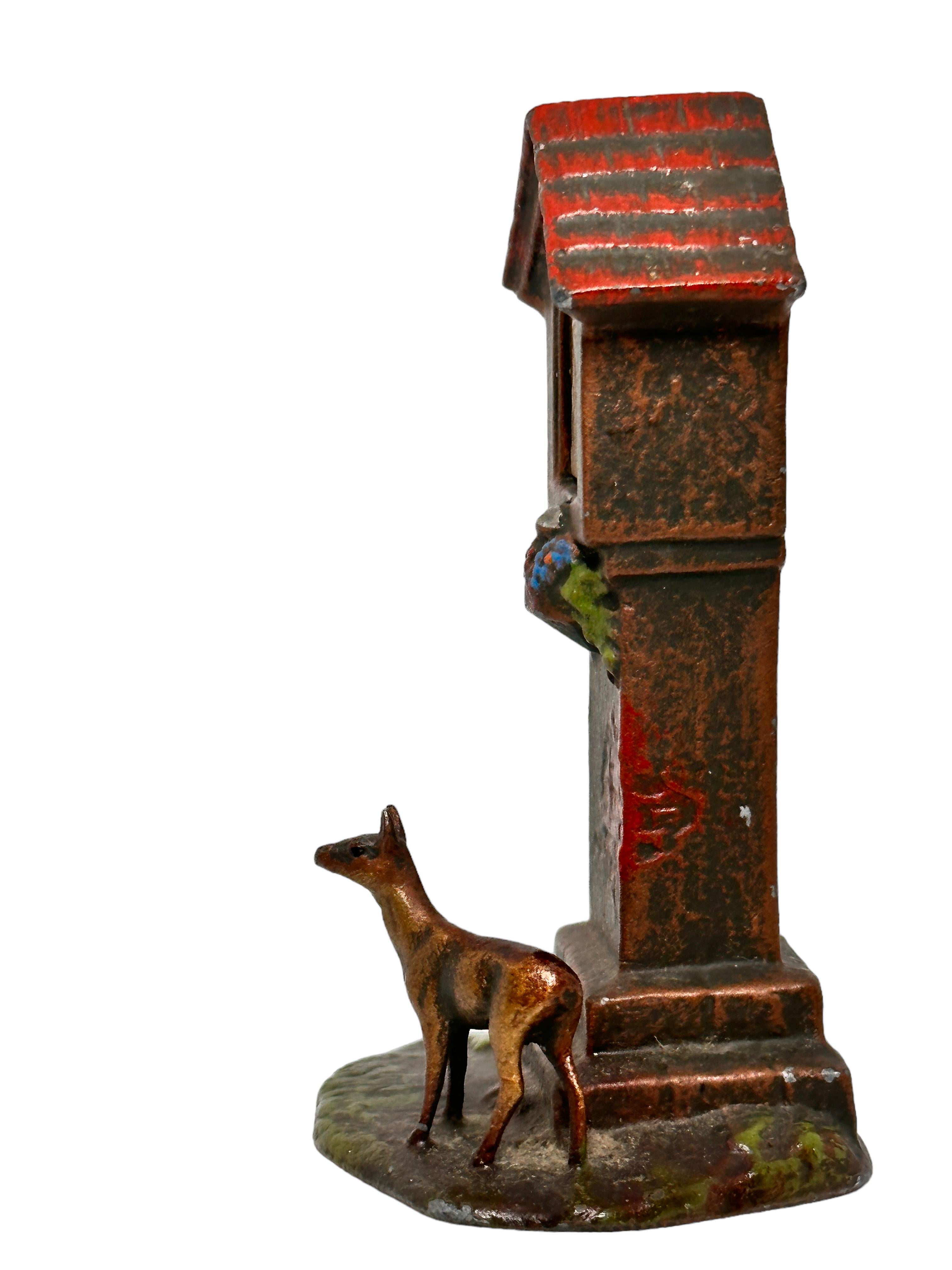 Old Marterl, miniature wayside cross with Madonna/Mother of God, deer, hand-painted with cold paint, like the well-known Viennese bronze figures, made of metal, religious decoration with image of a saint and animal figure. A nice addition to any