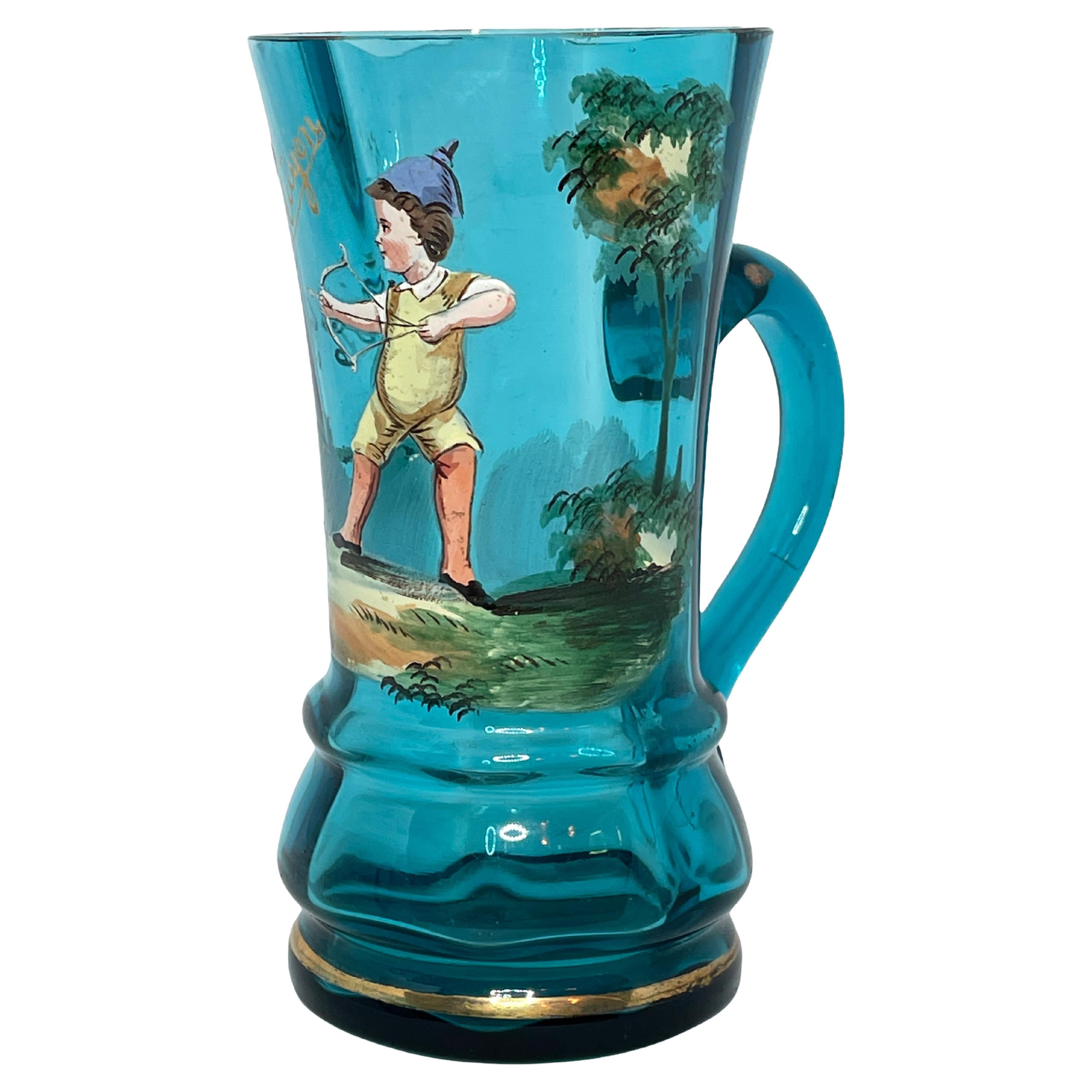 Magnifique tasse à poignée en verre émaillé Mary Gregory, ancien, allemande, années 1900 en vente