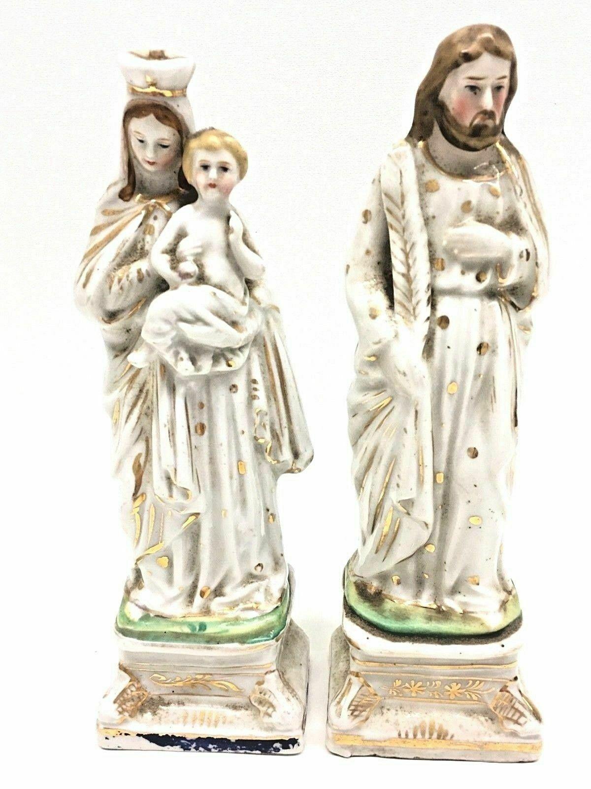 Beautiful porcelain statues or figures handmade in Germany, circa 1860s. A beautiful piece for any room. Measurements given for the Jesus statue. Statues are in the as found condition, with use and dust, but this is old-age.