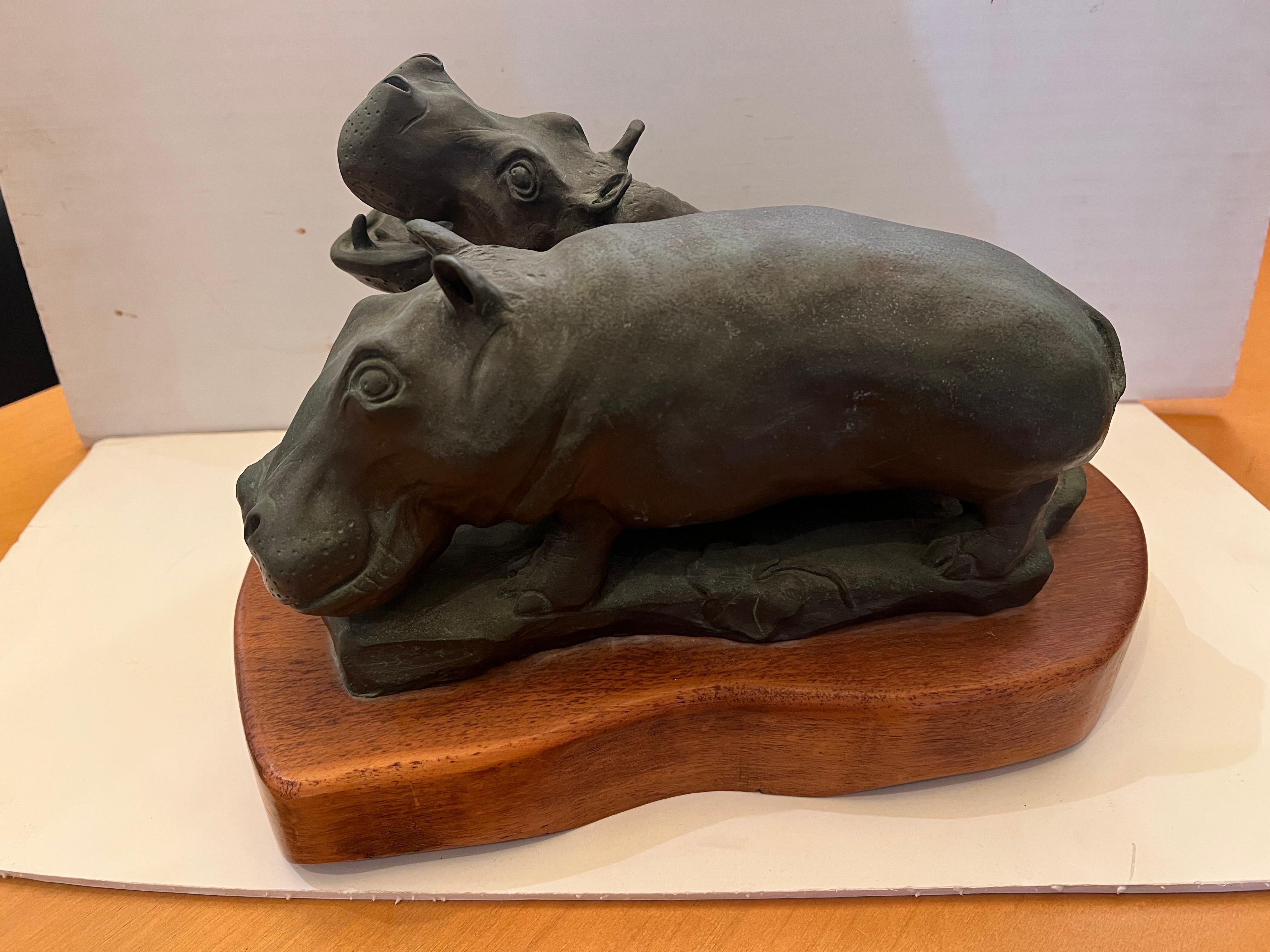 Beautiful Massive solid Bronze Realistic Hippos Sculpture on Wood Base Signed For Sale 6