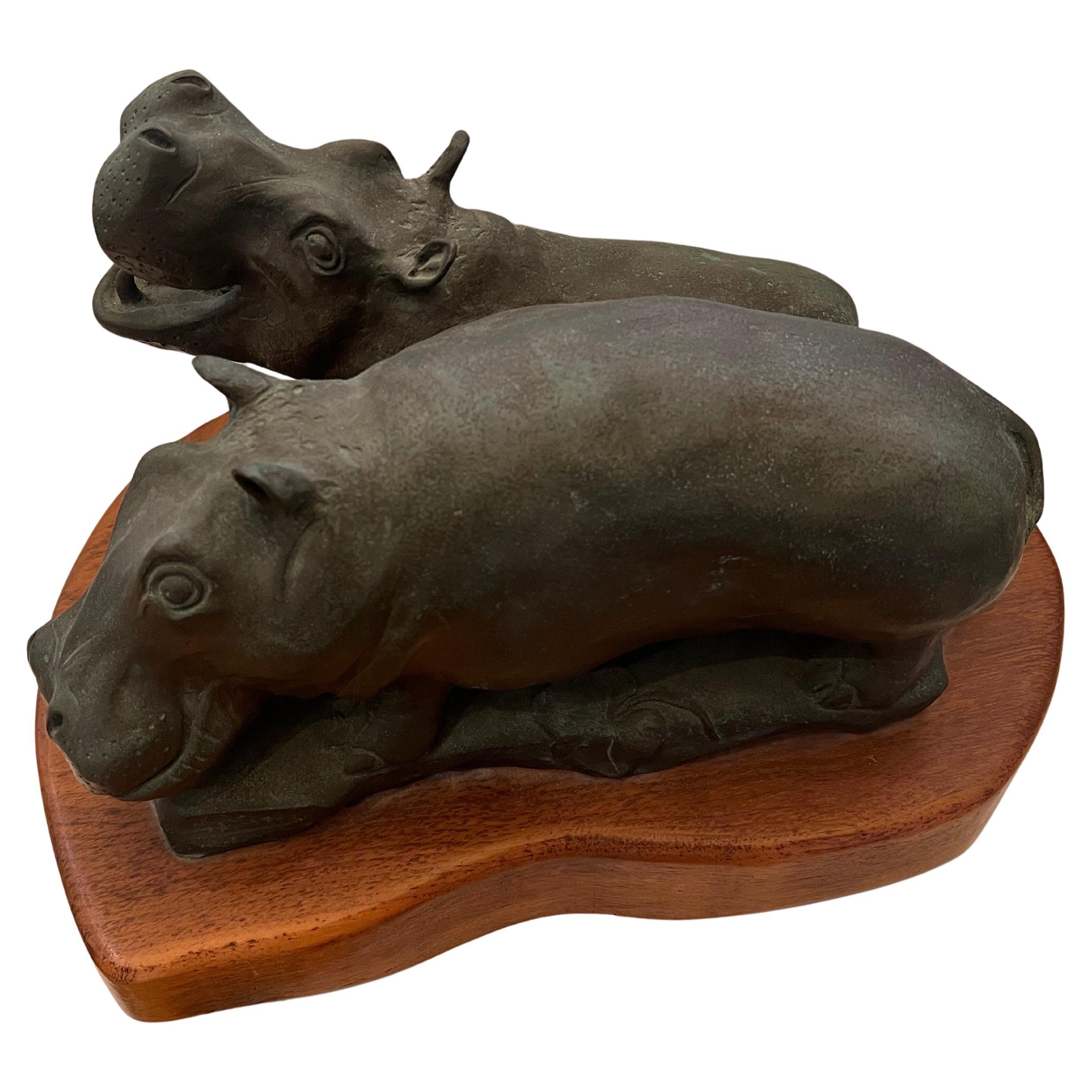 American Classical Beautiful Massive solid Bronze Realistic Hippos Sculpture on Wood Base Signed For Sale