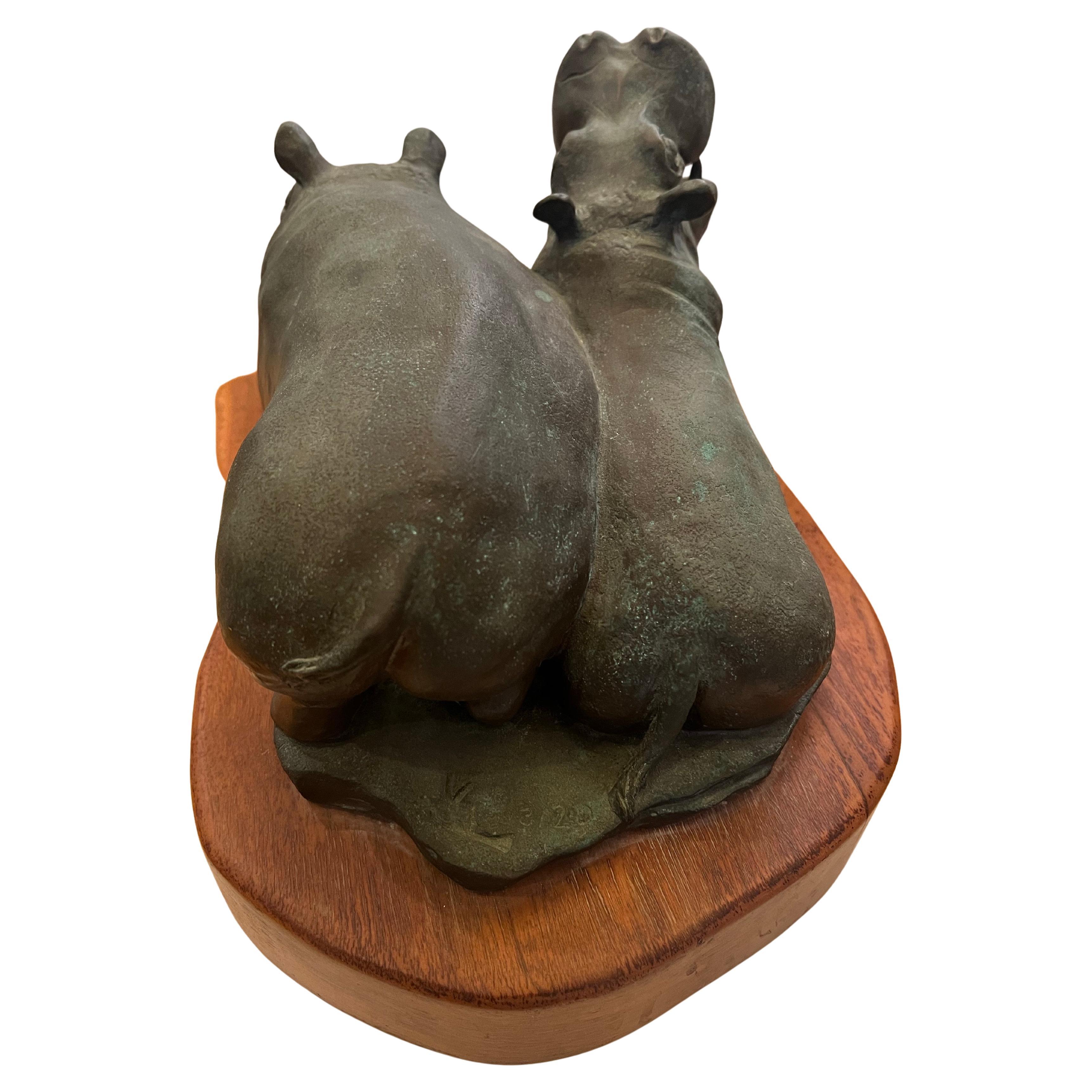 American Beautiful Massive solid Bronze Realistic Hippos Sculpture on Wood Base Signed For Sale