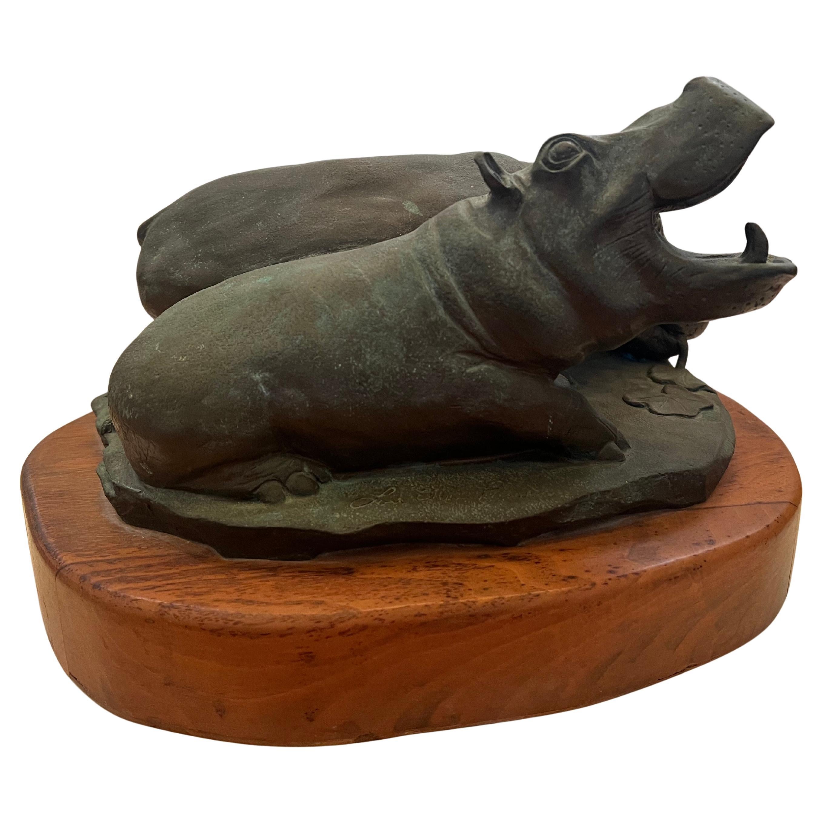 Beautiful Massive solid Bronze Realistic Hippos Sculpture on Wood Base Signed In Good Condition For Sale In San Diego, CA
