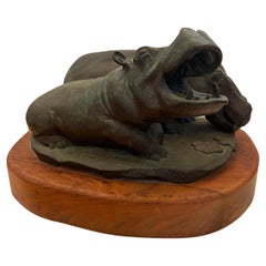 Vintage Beautiful Massive solid Bronze Realistic Hippos Sculpture on Wood Base Signed