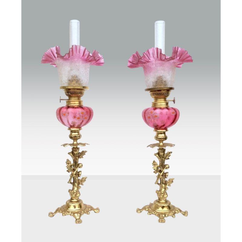 Beautiful Matching Pair of Original Antique Ruby Glass Oil Peg Lamps In Good Condition In Antrim, GB