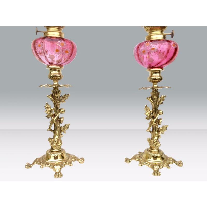 19th Century Beautiful Matching Pair of Original Antique Ruby Glass Oil Peg Lamps