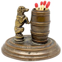 Beautiful Matchstick Holder Figure Dog with Barrel Antique, 1890s