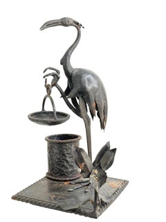 Belle grue en métal, figure de flamant rose, ensemble de fumeurs, époque brutaliste, Allemagne, années 1960