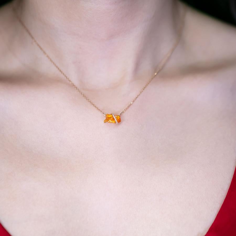 Arts and Crafts Beautiful Mexican Fire Opal Diamond Necklace 18K Yellow Gold For Sale
